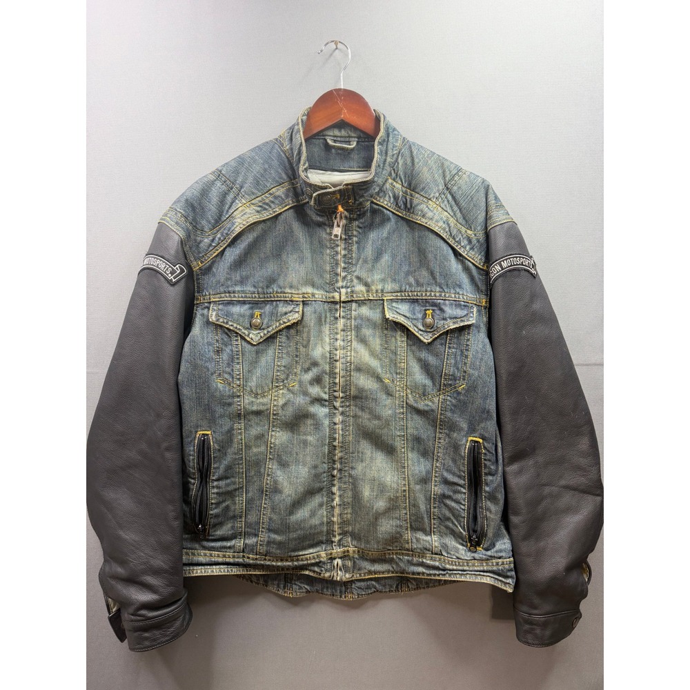 Icon Strongarm Jacket Mens Blue Denim Leather Sleeve Moto Riding XL